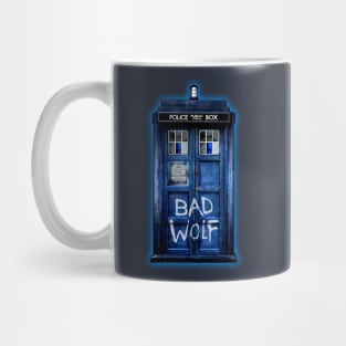 Blue Phone booth with Bad wolf grafitti Mug